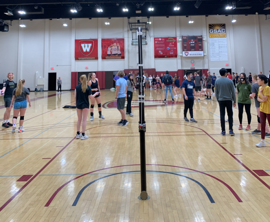 Intramural volleyball competes on Wednesday in the Murchison Gym. 