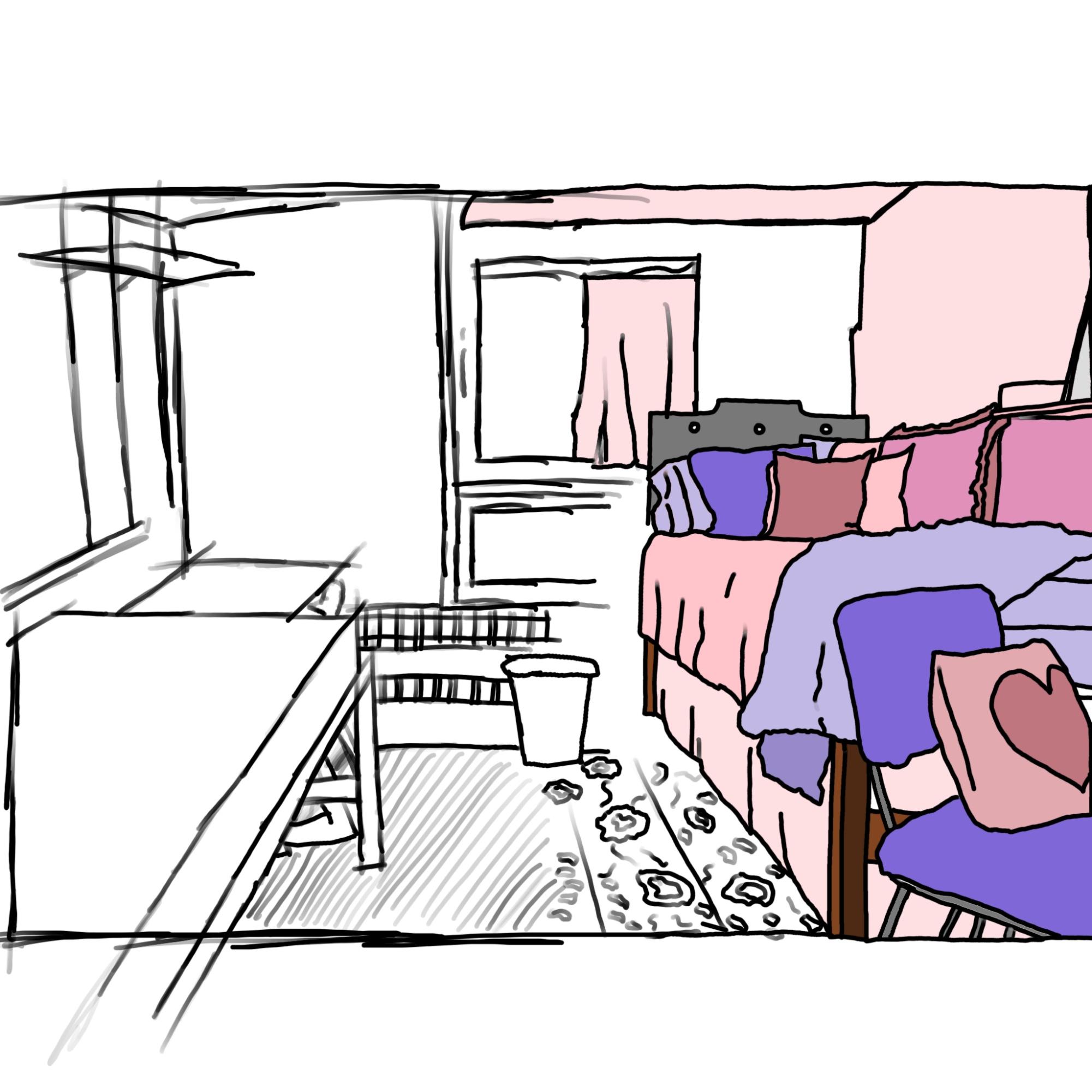 A dorm room is bare on the left side and overstuffed on the right side.