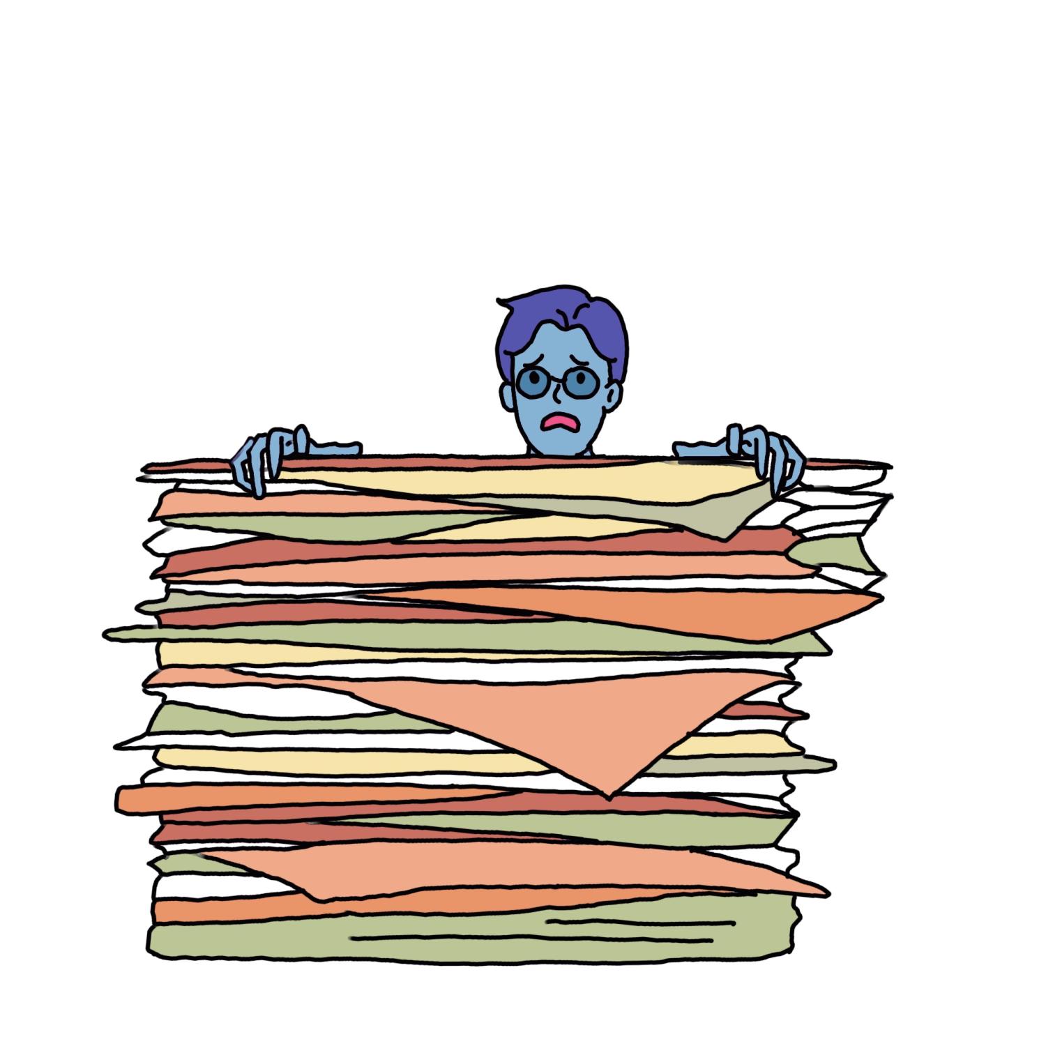 A student stares down at a massive stack of syllabi.