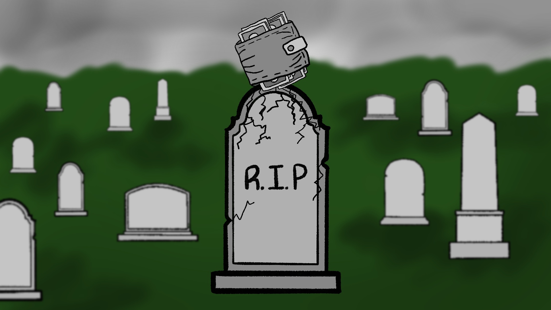 A massive wallet sits on top of a tombstone marked R.I.P.