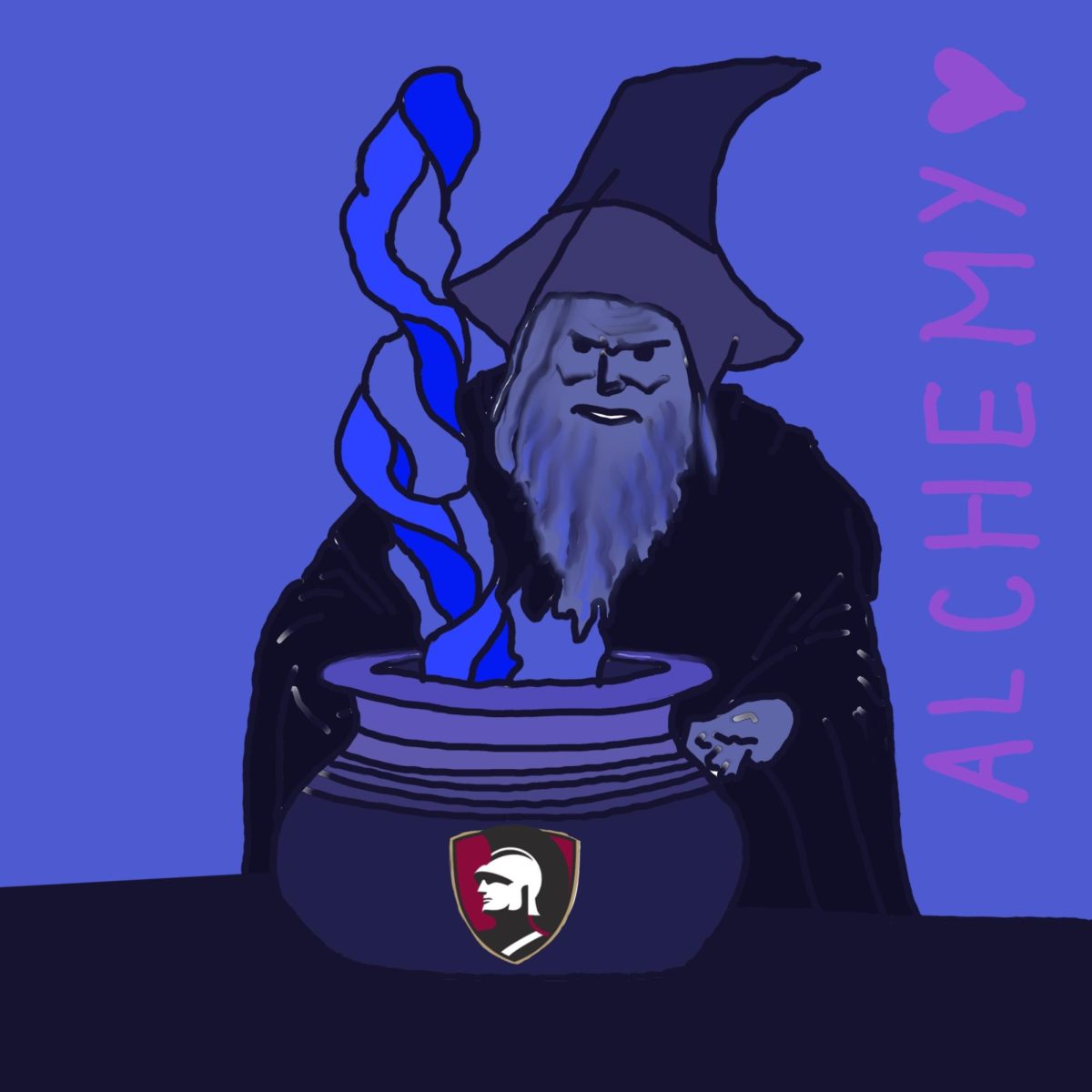 An alchemist in dark robes stirs a pot with a Westmont crest on the front.