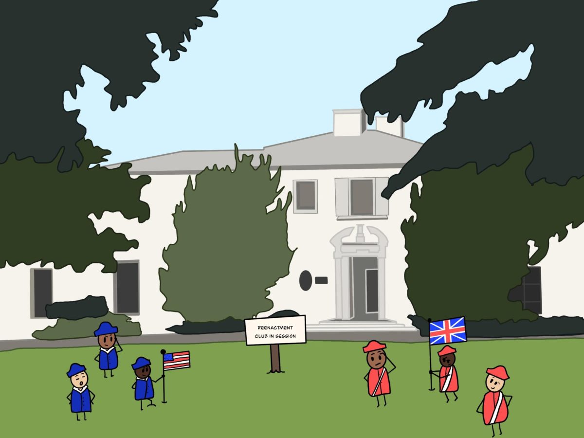 Students reenact the Revolutionary War on Kerrwood Lawn.
