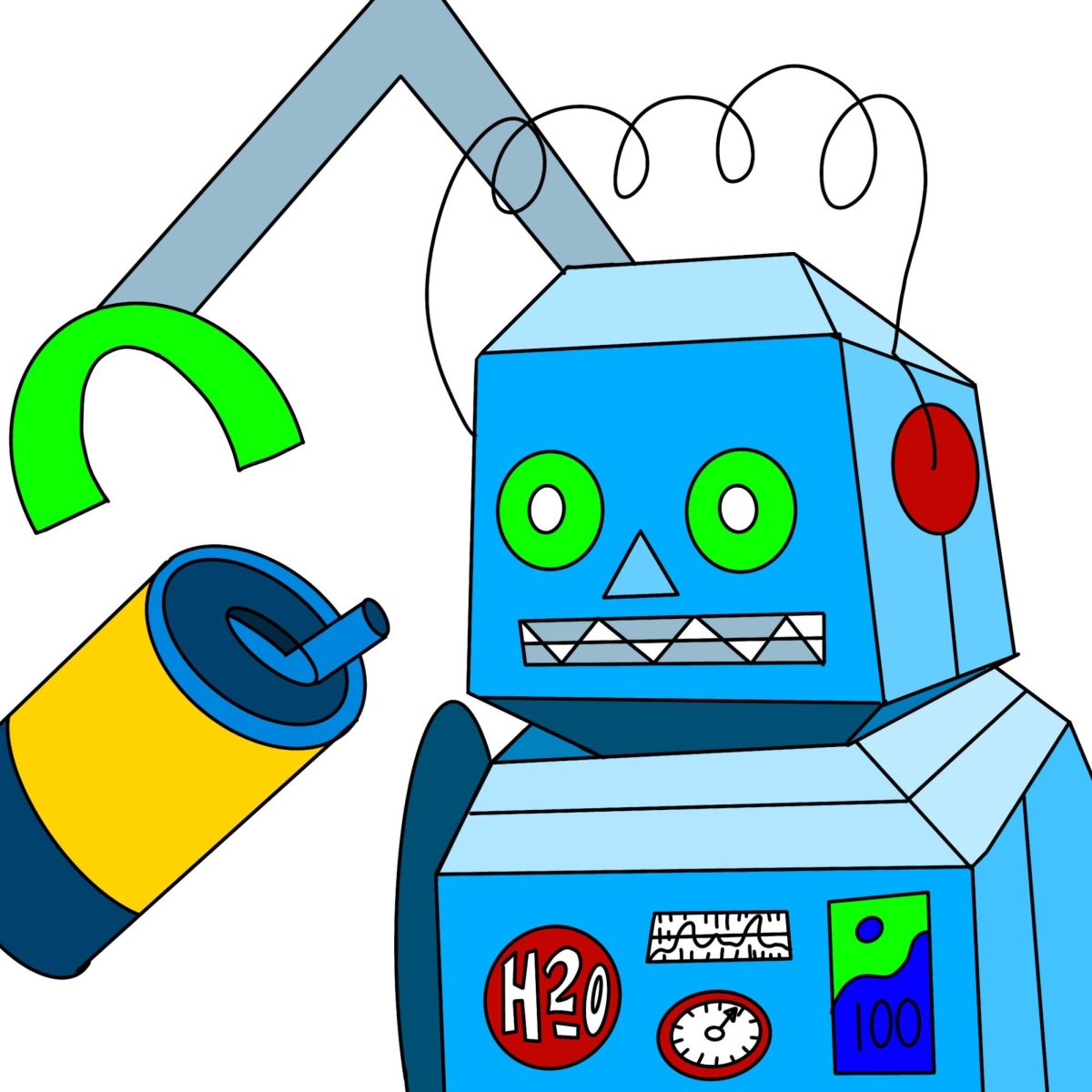 A sentient water dispenser robot reaches an arm out to steal a water bottle.