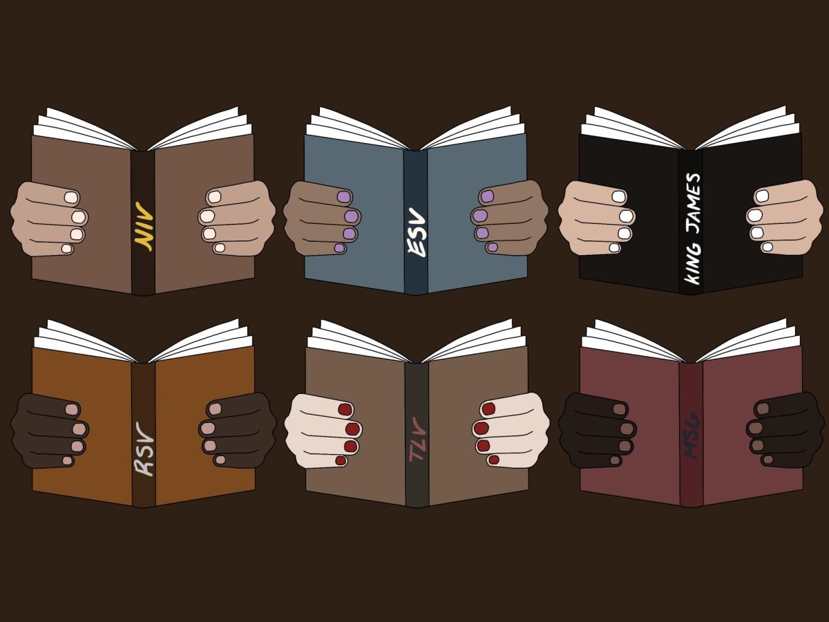 Hands hold up six Bibles, all of different translations.