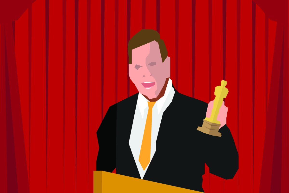 George Santos holds an Oscar statuette and gives his acceptance speech for his Academy Award for Best Actor.