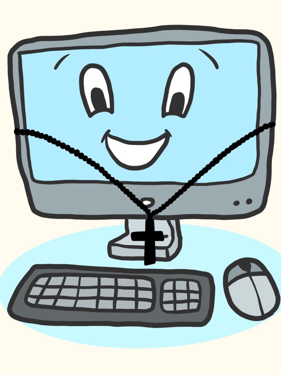 A smiling computer screen has a cross necklace hanging around it.