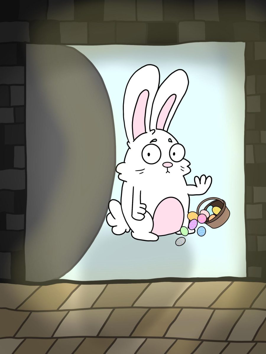 A terrified bunny watches from outside Jesus tomb as the stone rolls away.