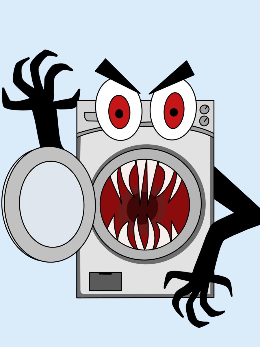A laundry machine monster bares its sharp teeth.