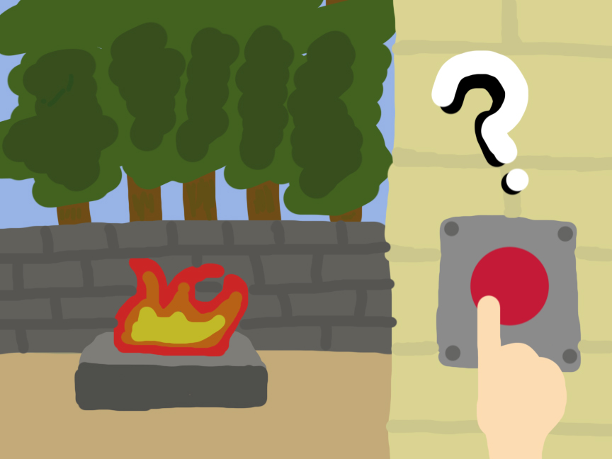 A student tries to hit a red emergency button in order to start a bonfire. A question mark hangs in the air.