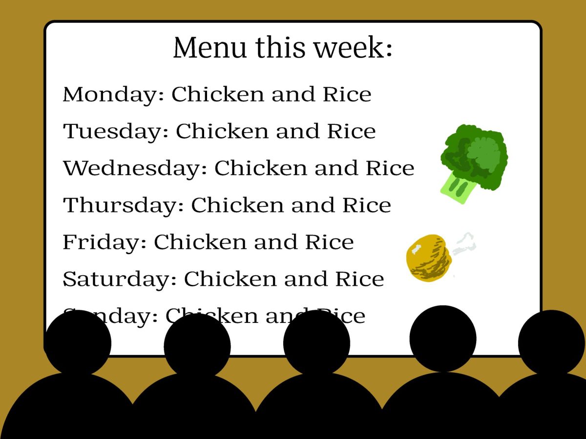 Students look at a menu board, which features chicken and rice for every day of the week.