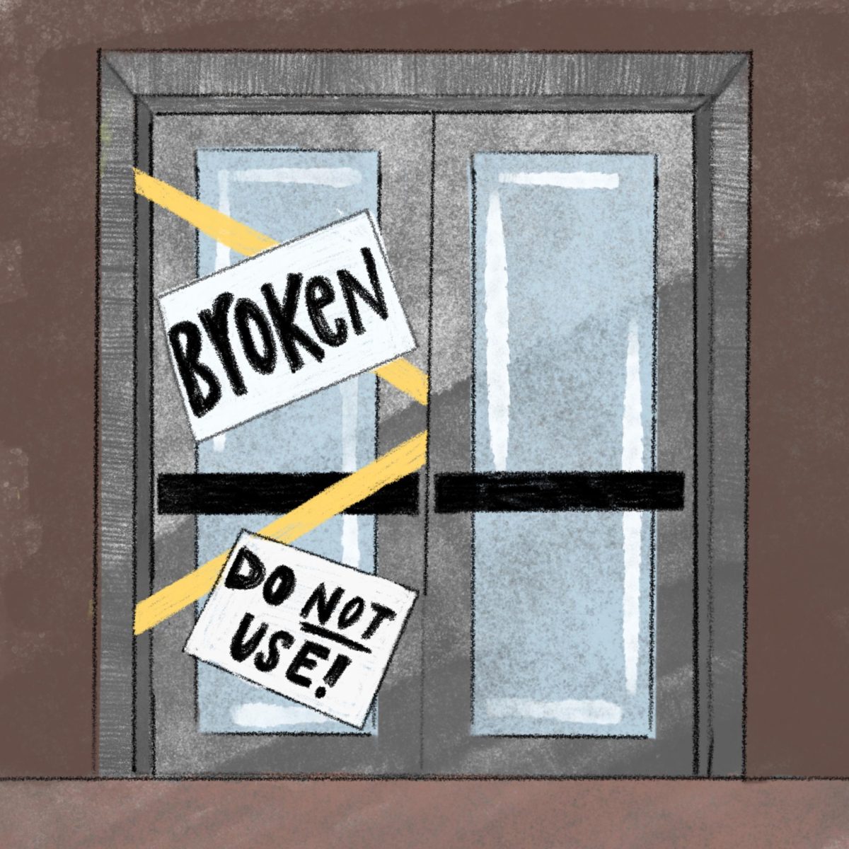 Signs reading "Broken" and "do not use" are taped to the left door on a set of double doors.