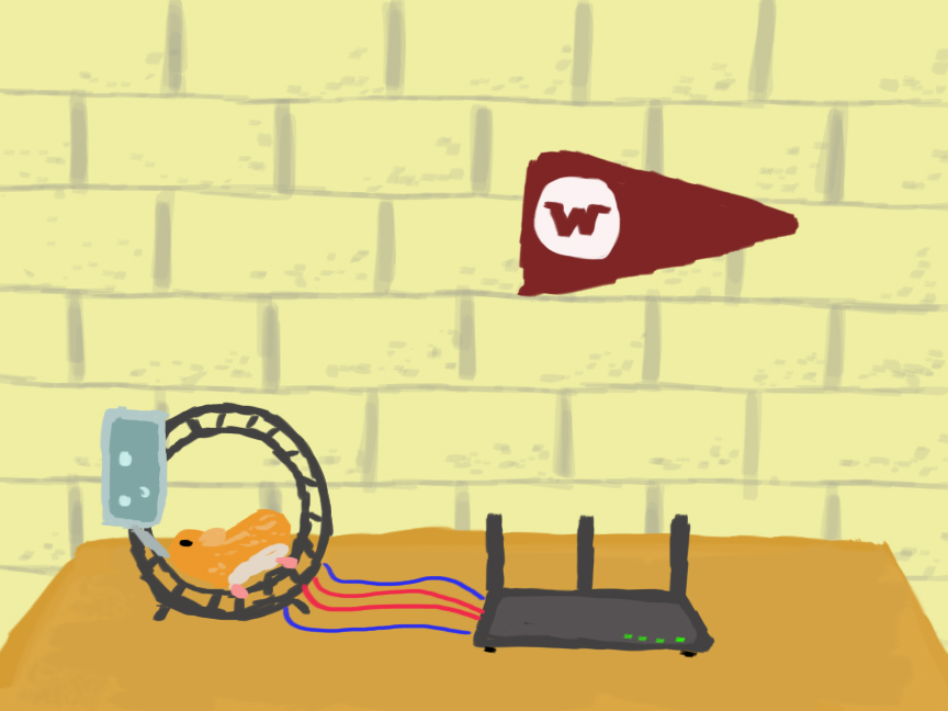 Jerome the hamster runs on a wheel wired to a wifi router. A Westmont flag hangs overhead.