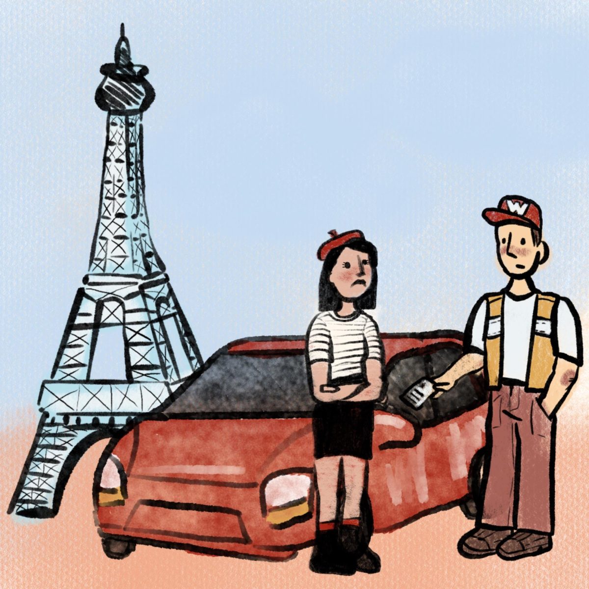 A student stands next to their car, parked in front of the Eiffel Tower, as a Campus Security officer hands her a parking ticket.