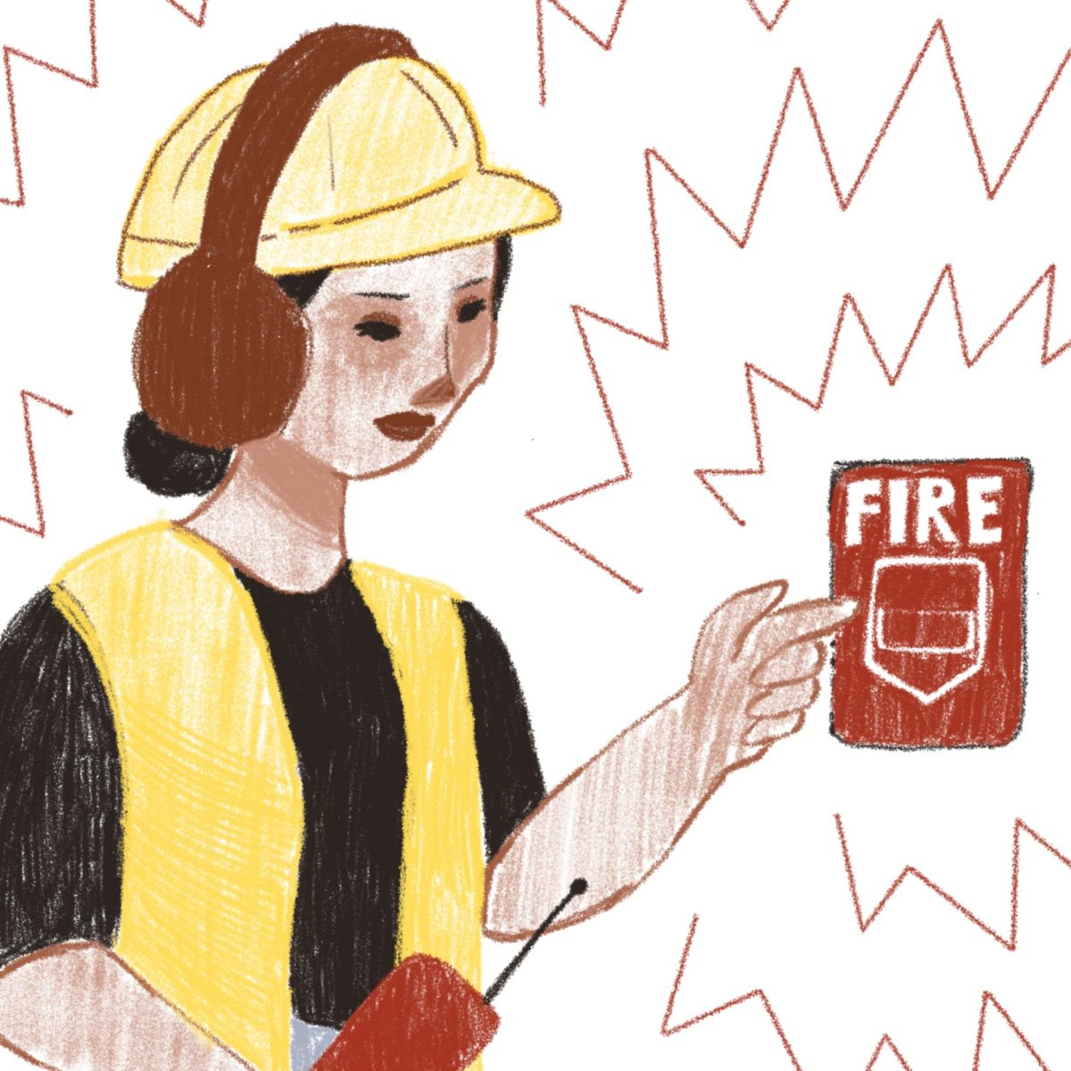 An inspector in a hardhat and earmuffs inspects a blaring fire alarm.