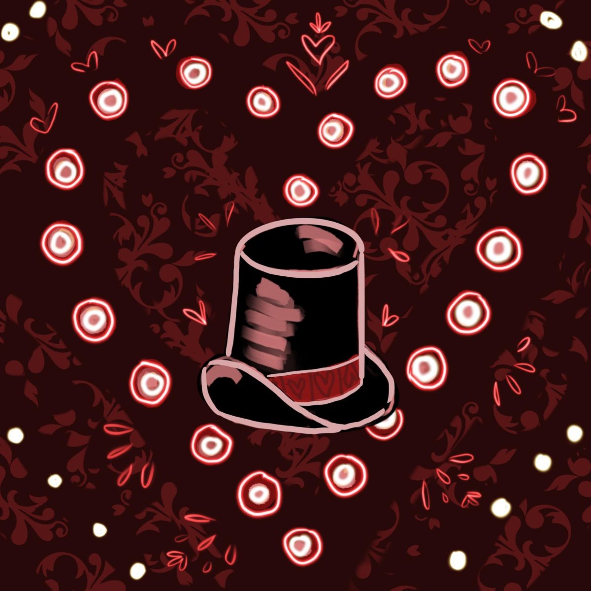 A black top hat sits on a heart of roses, over a red floral background.