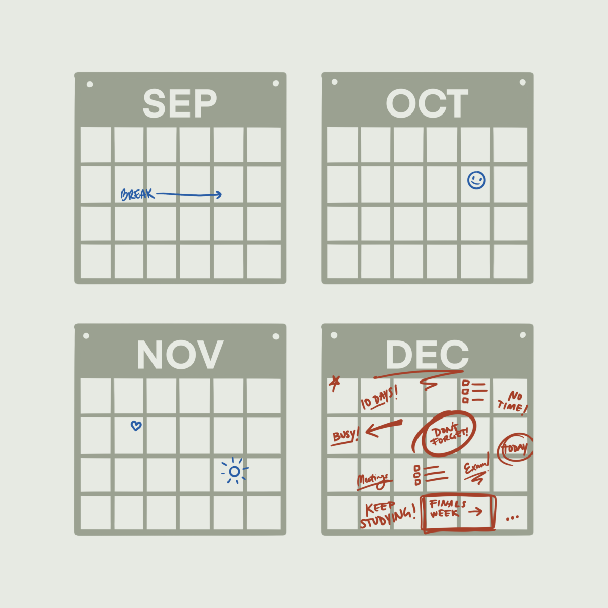 A Fall calendar is empty except for December, where many days are marked with red notes.