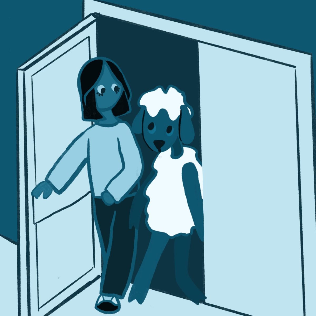 A student leads a lamb through the left door in a set of double doors.