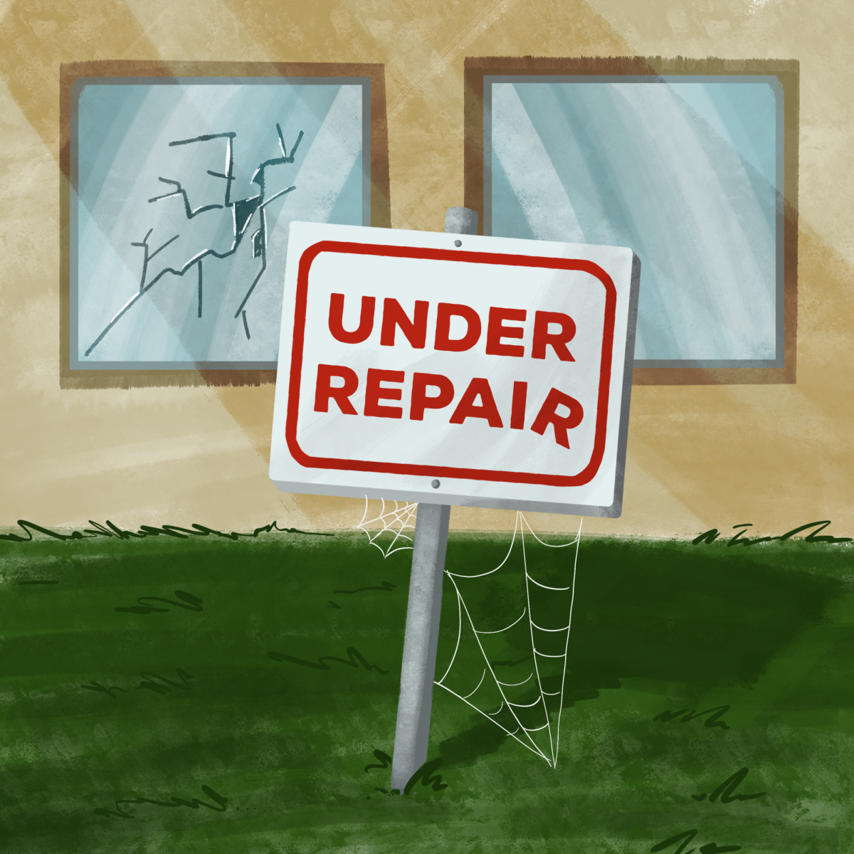 A crooked sign reading "UNDER REPAIR" sits in front of a broken window.