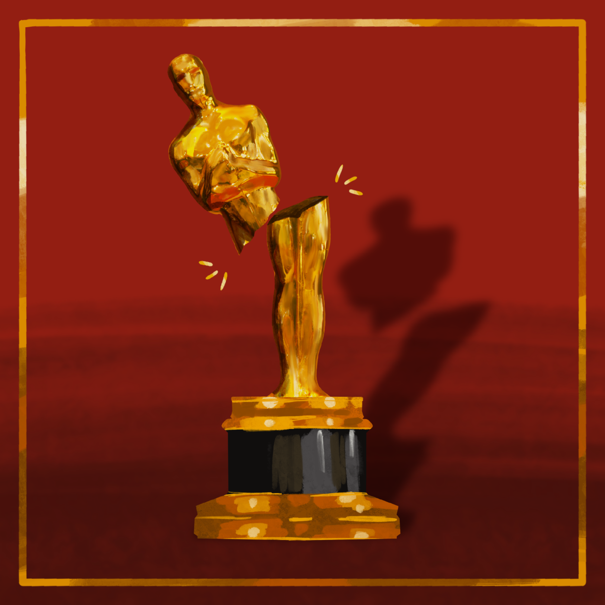 An Oscar statuette is being sliced in half.