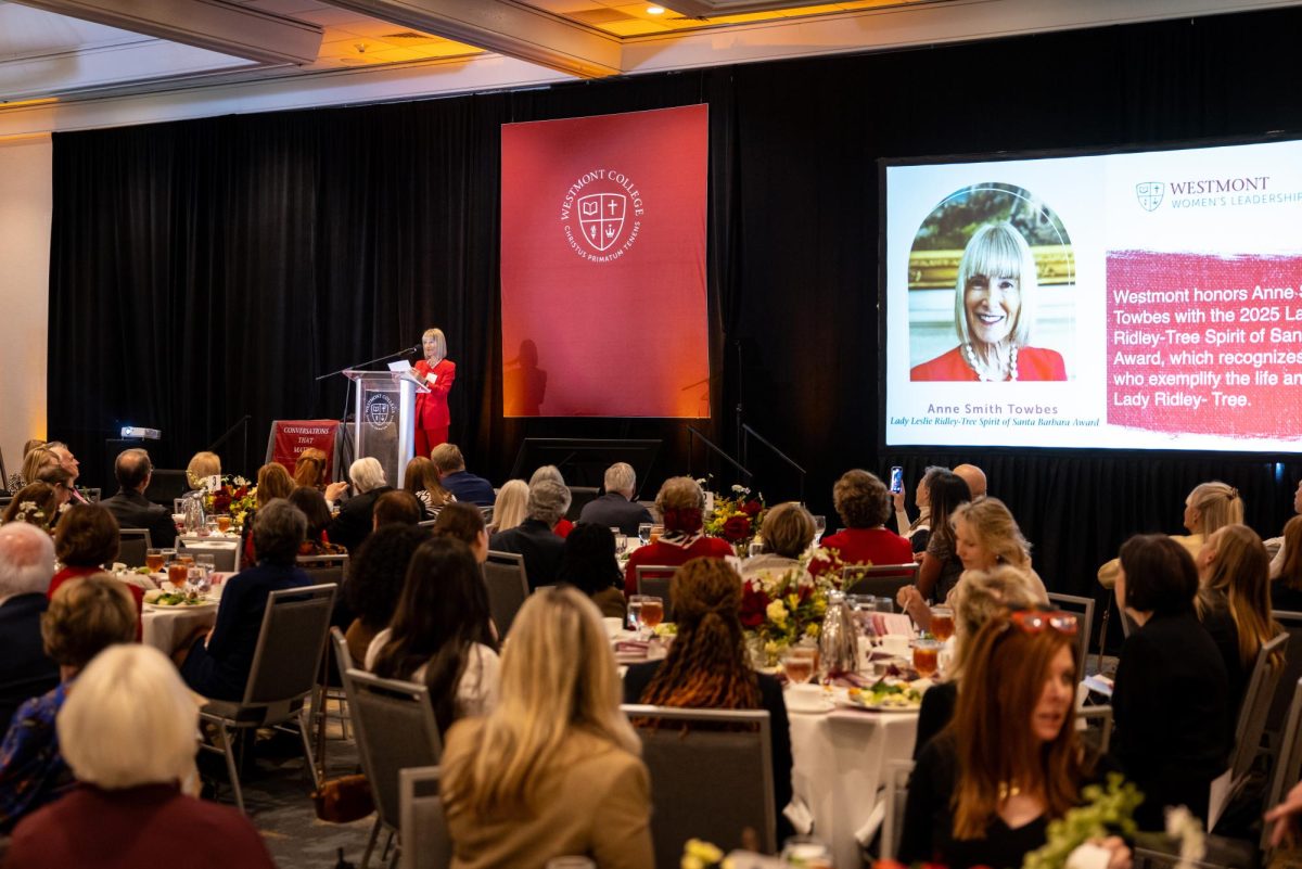 Audience members sit at the Hilton Beachfront Resort as Towbes delivers her acceptance speech.