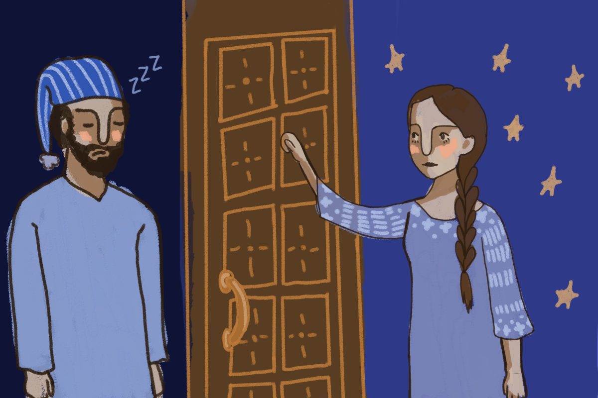 Esther knocks on the door of King Xerxes. Xerxes is in his pajamas and nightcap, ready to sleep.