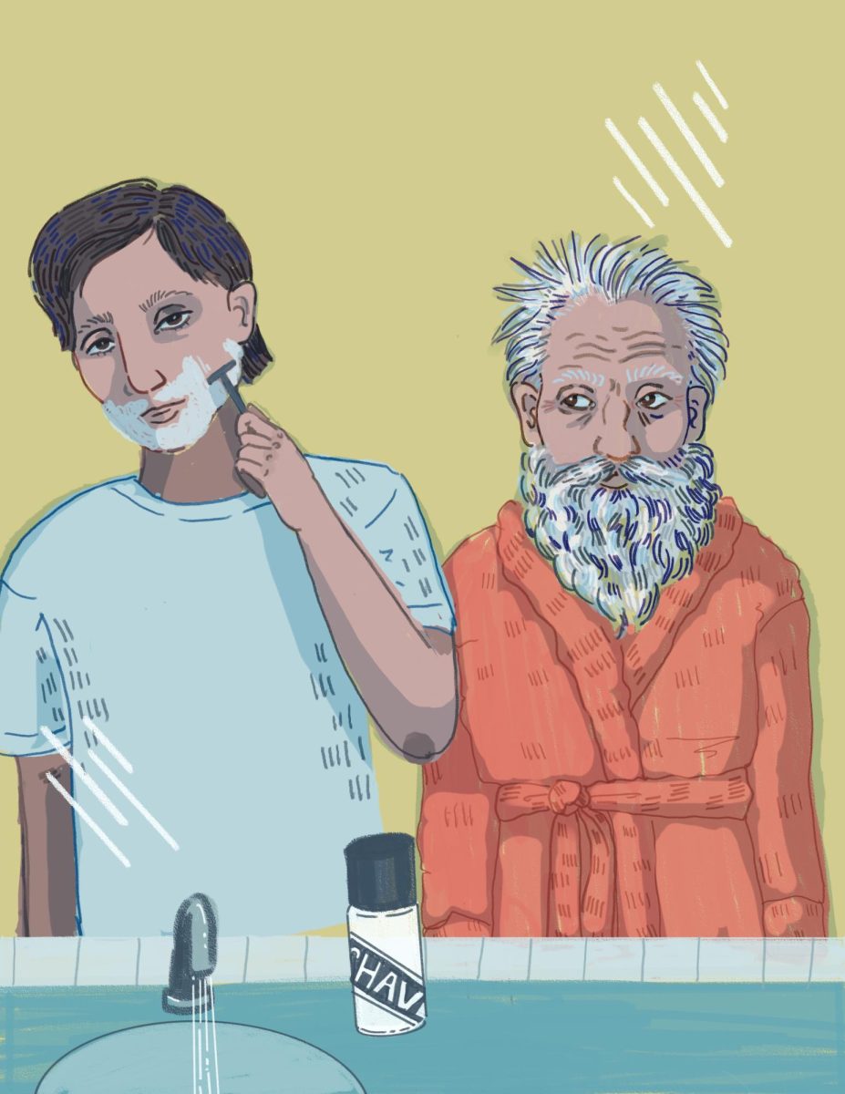 A young man shaves his beard at a bathroom sink. An older man with a beard stands next to him.