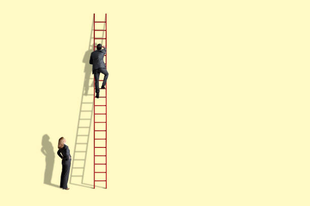 A woman watches as a man climb a tall red ladder against a light yellow background.