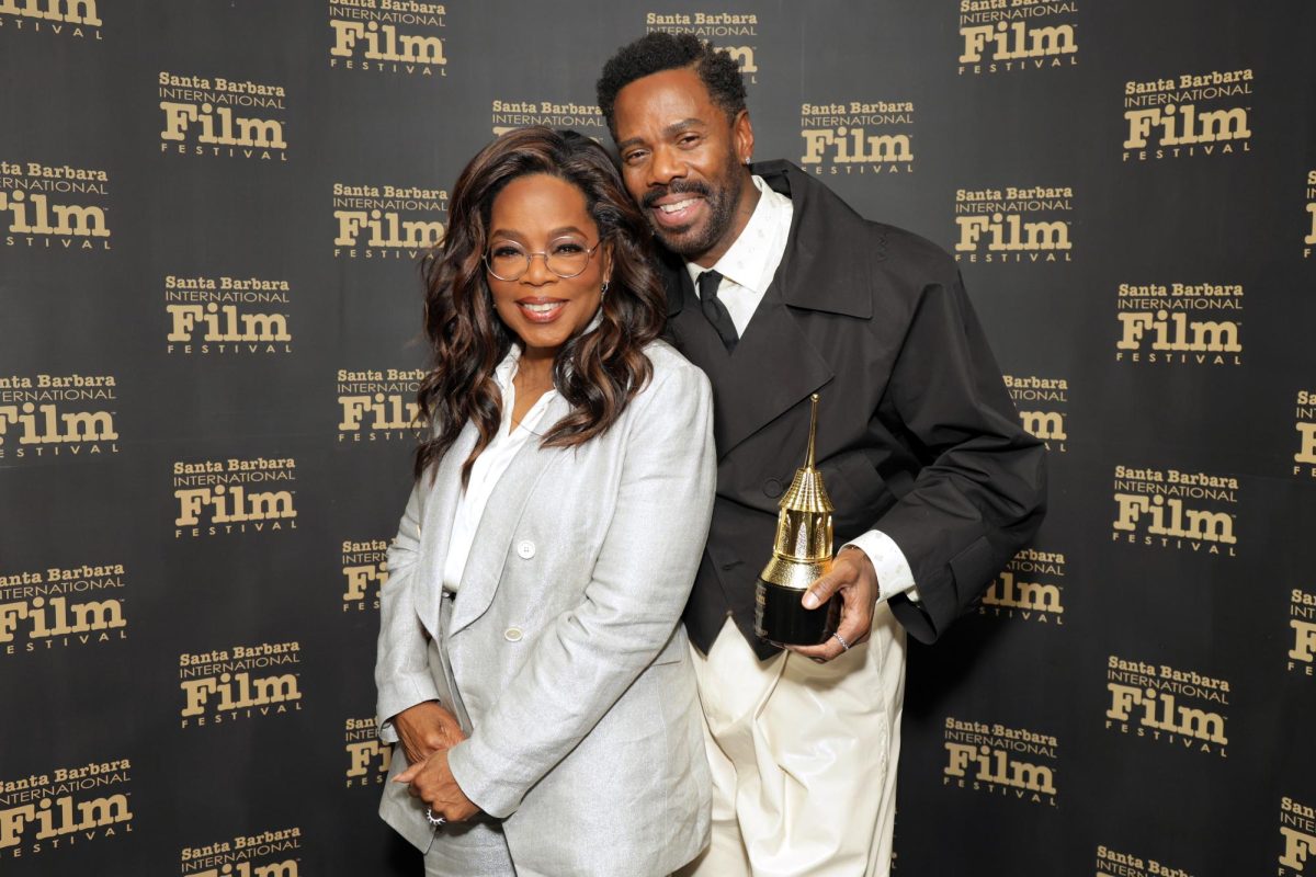 Colman Domingo holds his Montecito Award as he poses with Oprah Winfrey, presenter.