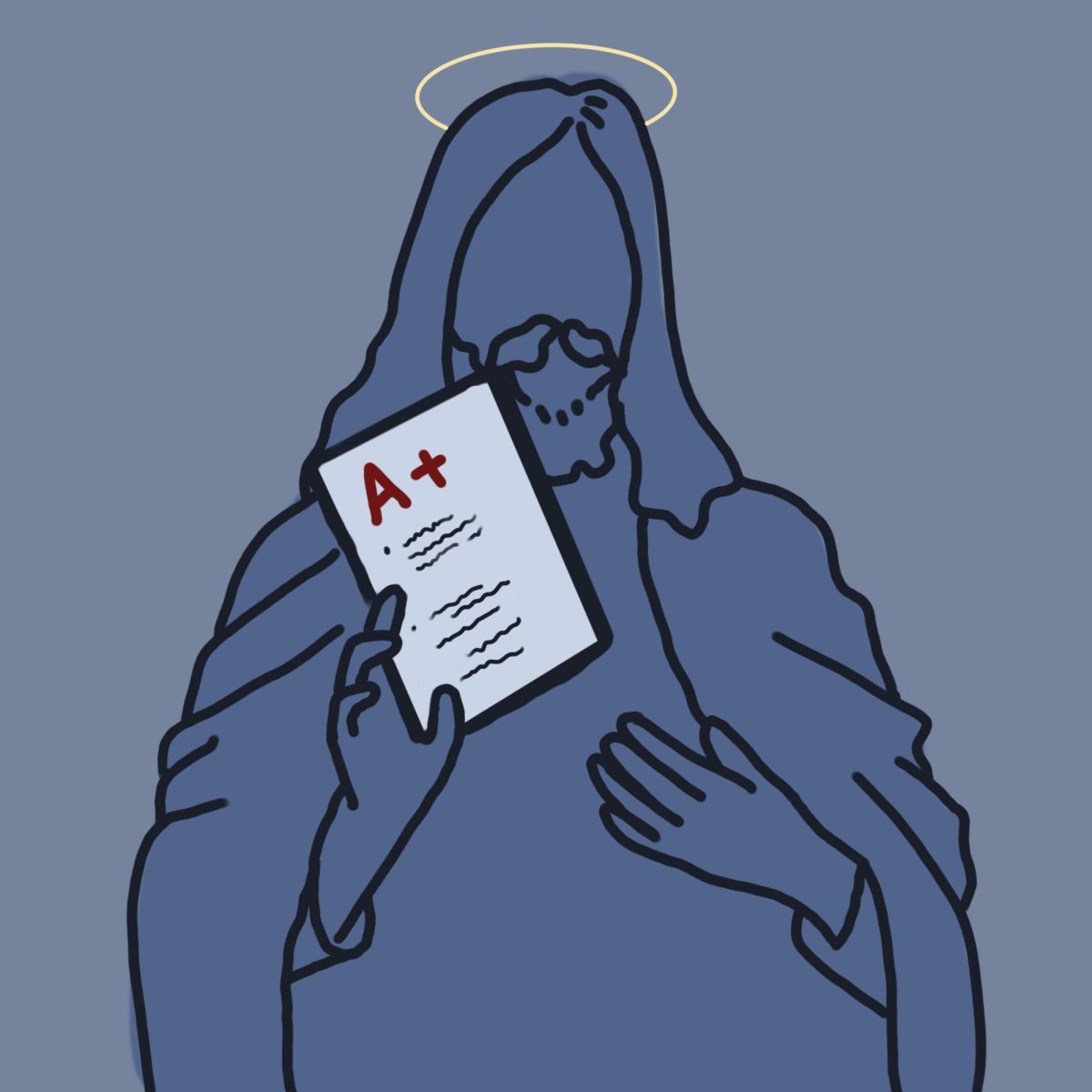 Jesus hands out a paper with a red "A" letter grade.