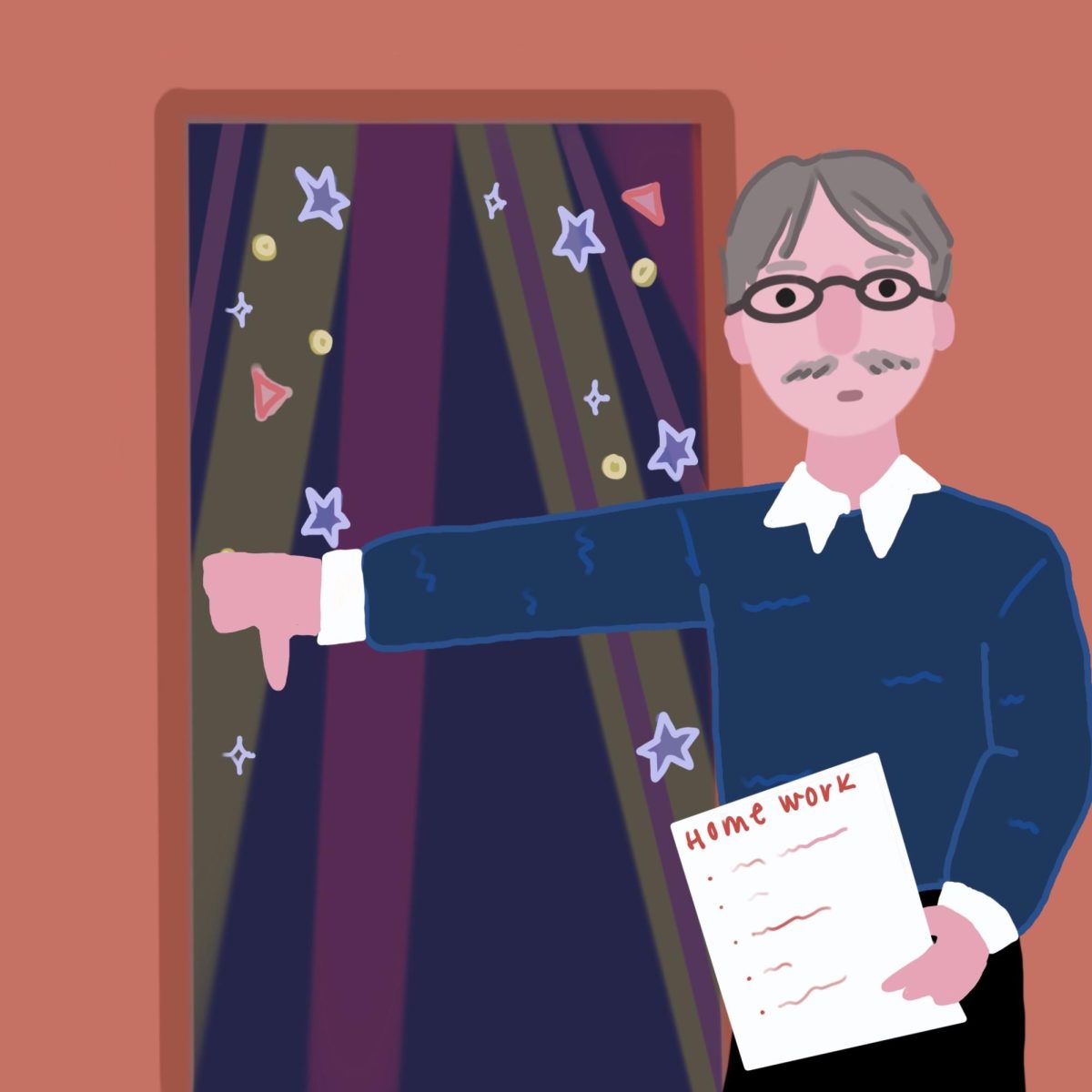 A professor holds an arm over the door to a classroom, holding a paper marked "Homework."