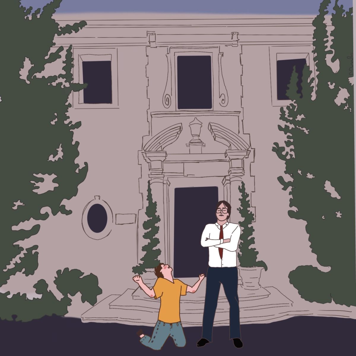 A student and a Westmont employee are in front of Kerrwood. The student is on their knees in despair as the employee crosses their arms.