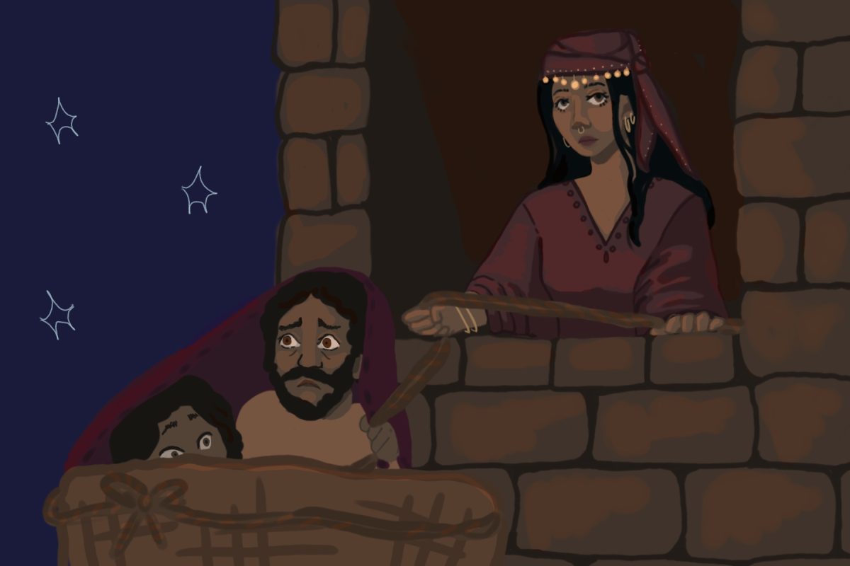 Rahab looks out from her window as she lowers two spies from a basket and a rope.