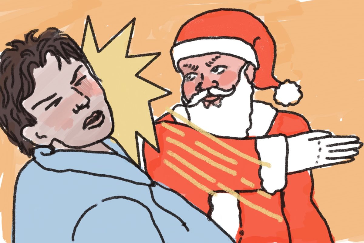 Santa (Saint Nicholas) slaps a student across the face, presumably for getting a question wrong.