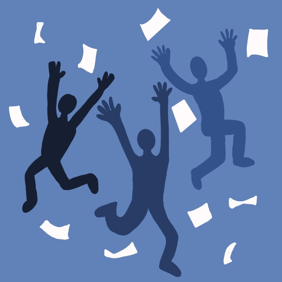 Silhouetted figures run around panicked, with papers flying in the air.