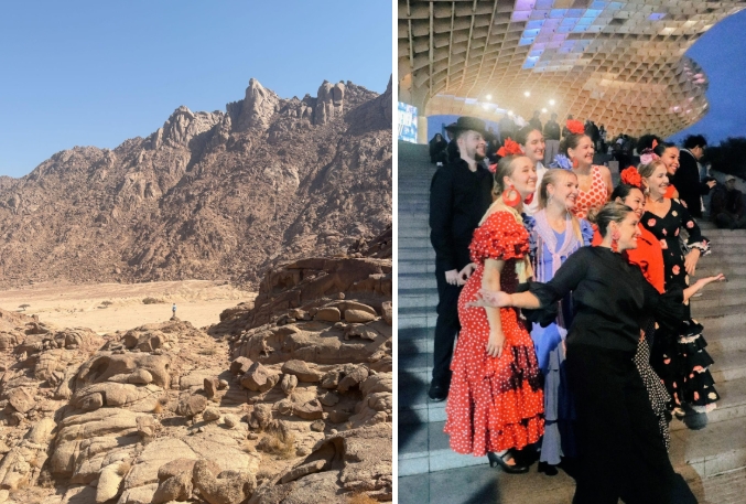 LEFT: Charlie Covington, Global Semester participant, at Midian in Saudi Arabia. 
RIGHT: Kate Robinson (red dress, bottom left) at a flamenco performance in Sevilla, Spain. 